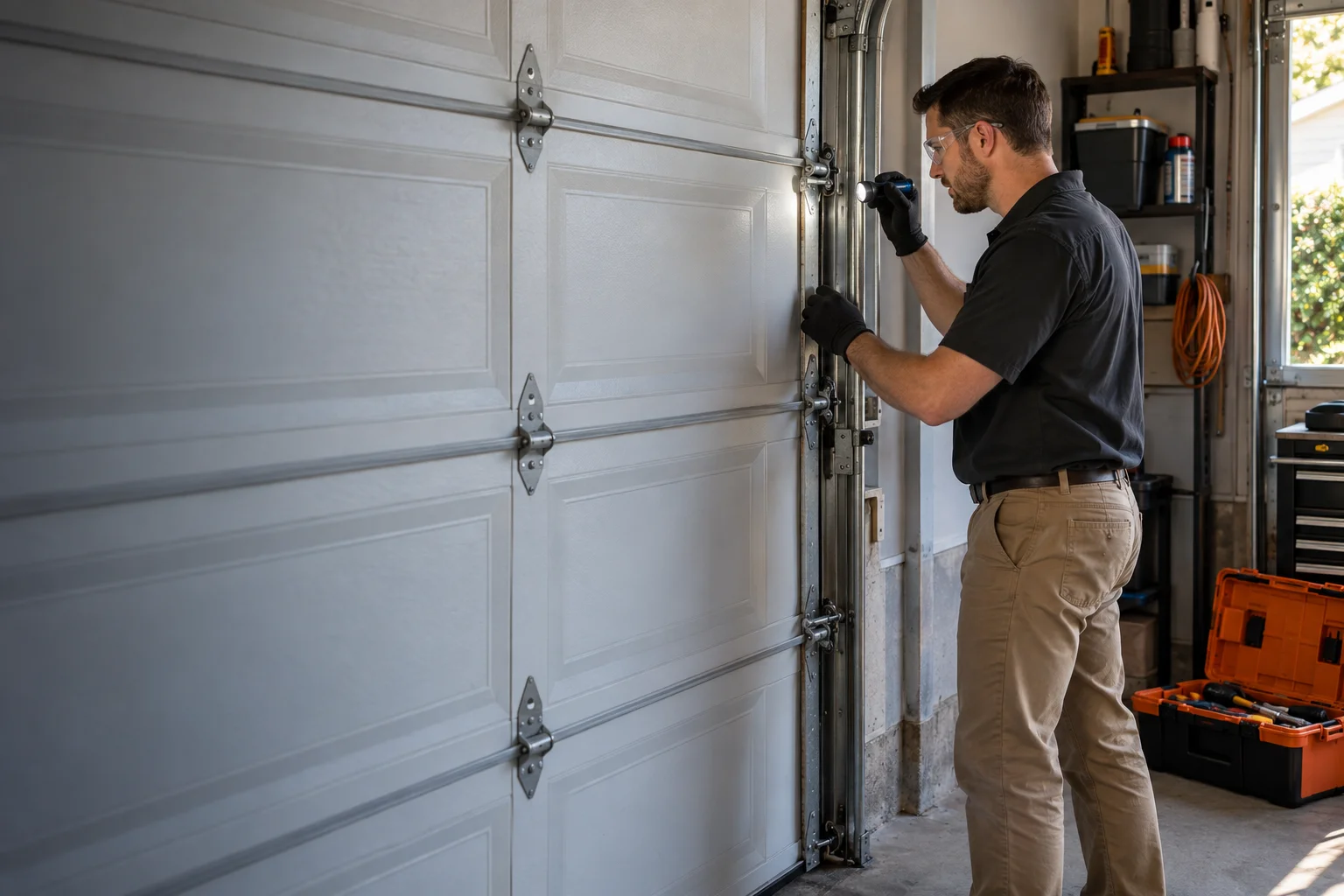 Illustration of a technician inspecting a standard residential garage door